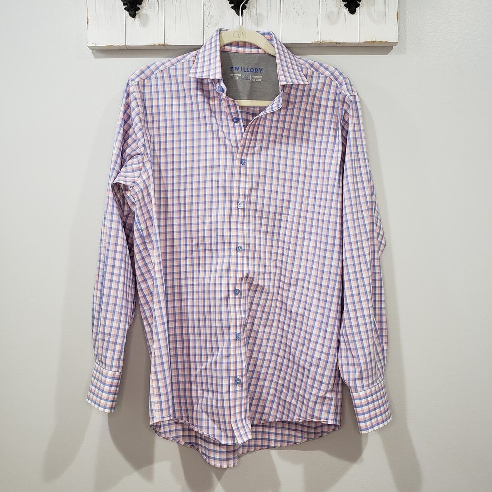 Twillory Performance Pink Blue Check Dress Shirt 15.5 32/33